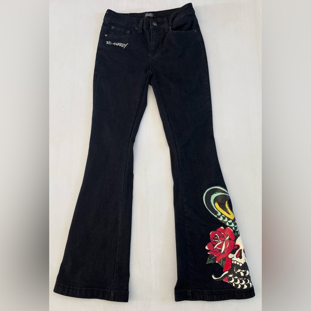 Ed Hardy Black Flare Jeans with Rose and Skull Design size 26